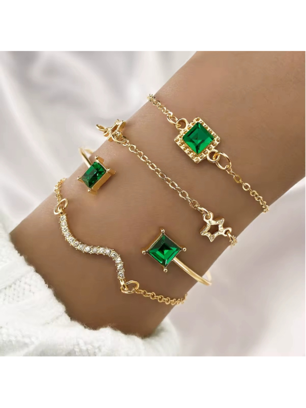 Chain Link & Bangle Green Zirconia Stone Crystal Gold Bracelet Set NWT